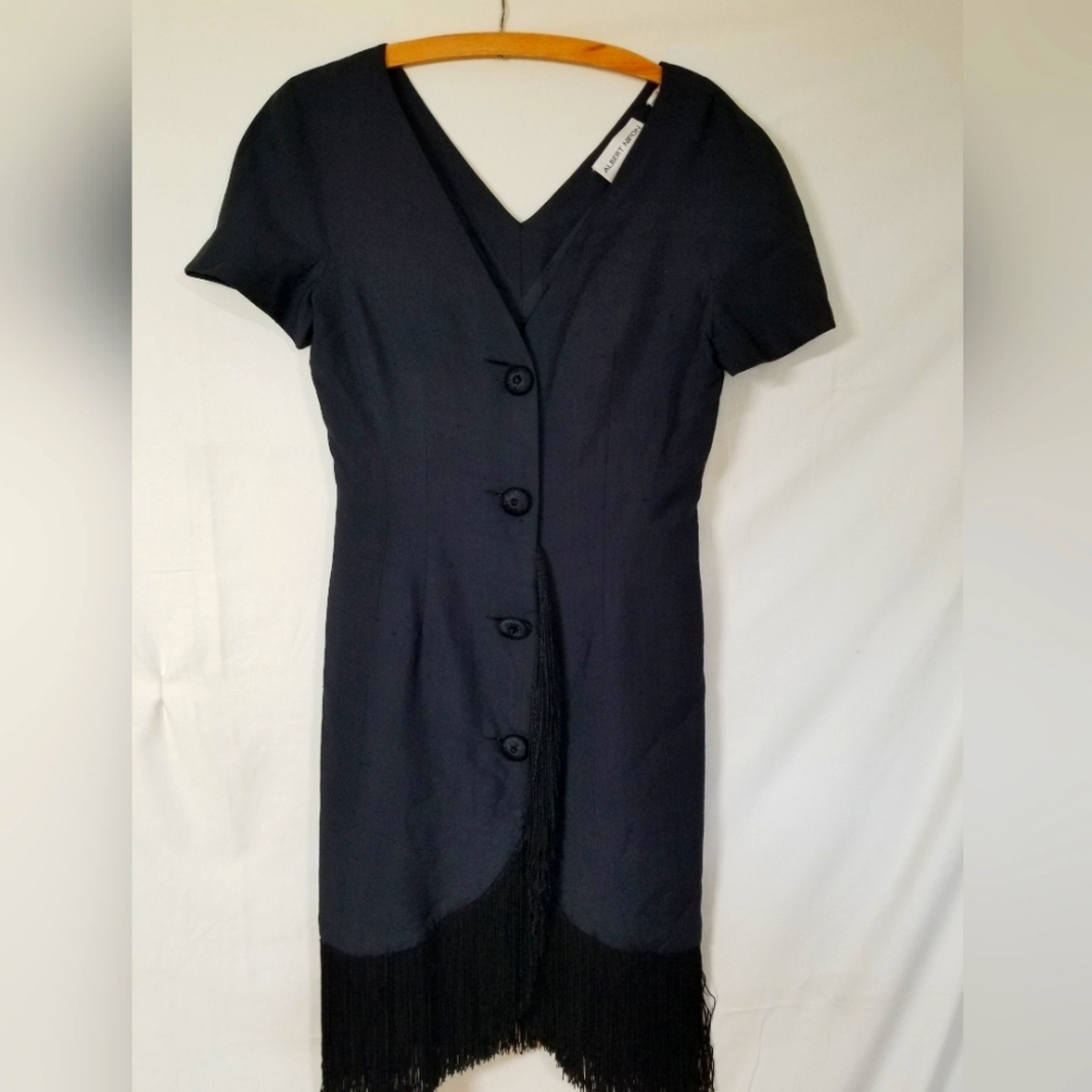 Vintage '90's Albert Nipon silk fringe trim Lil' Black Dress